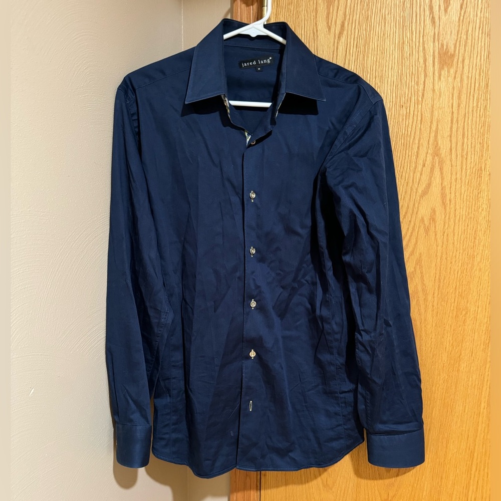 Jared Lang Button Down Navy Dress Shirt. Yellow‎ Plaid Contrast Trim. Medium. - Picture 6 of 6
